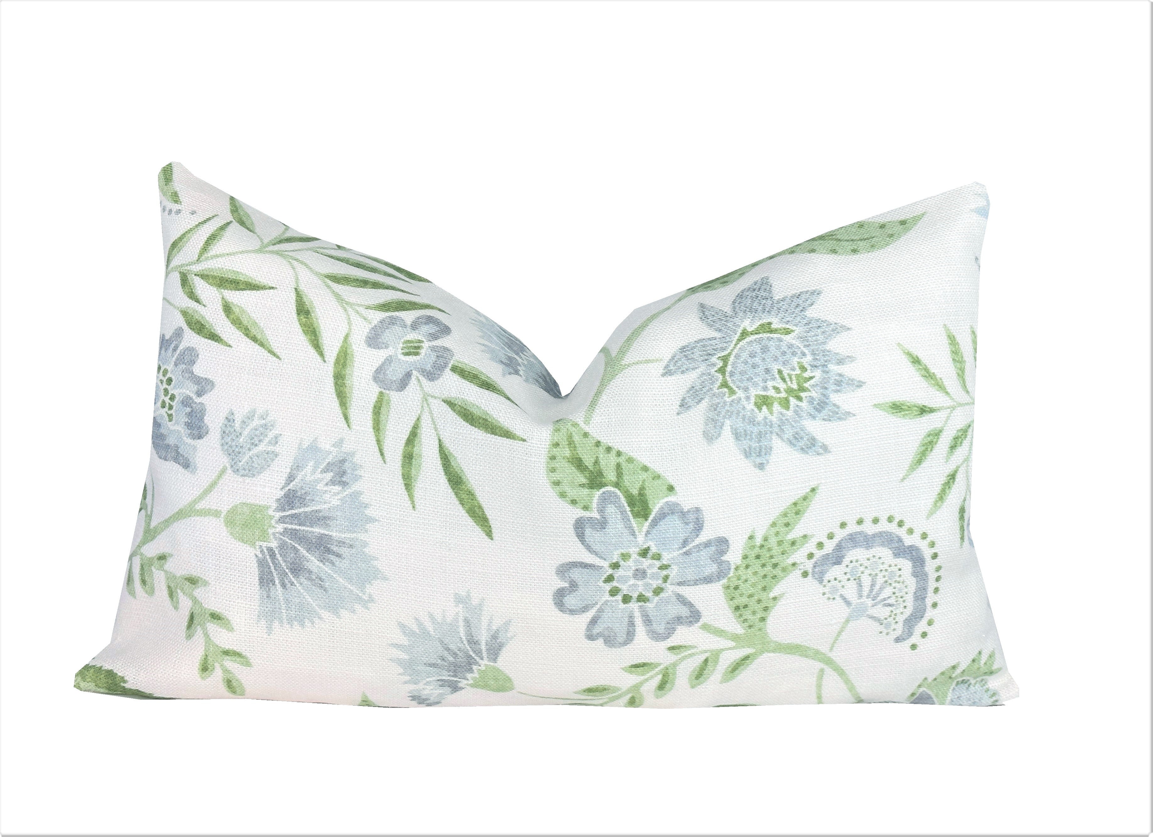 Kathy Vine Blue and Green Linen Pillow Cover | Designer | High End | Soft Sky Blue and Green on Off White Belgian Linen