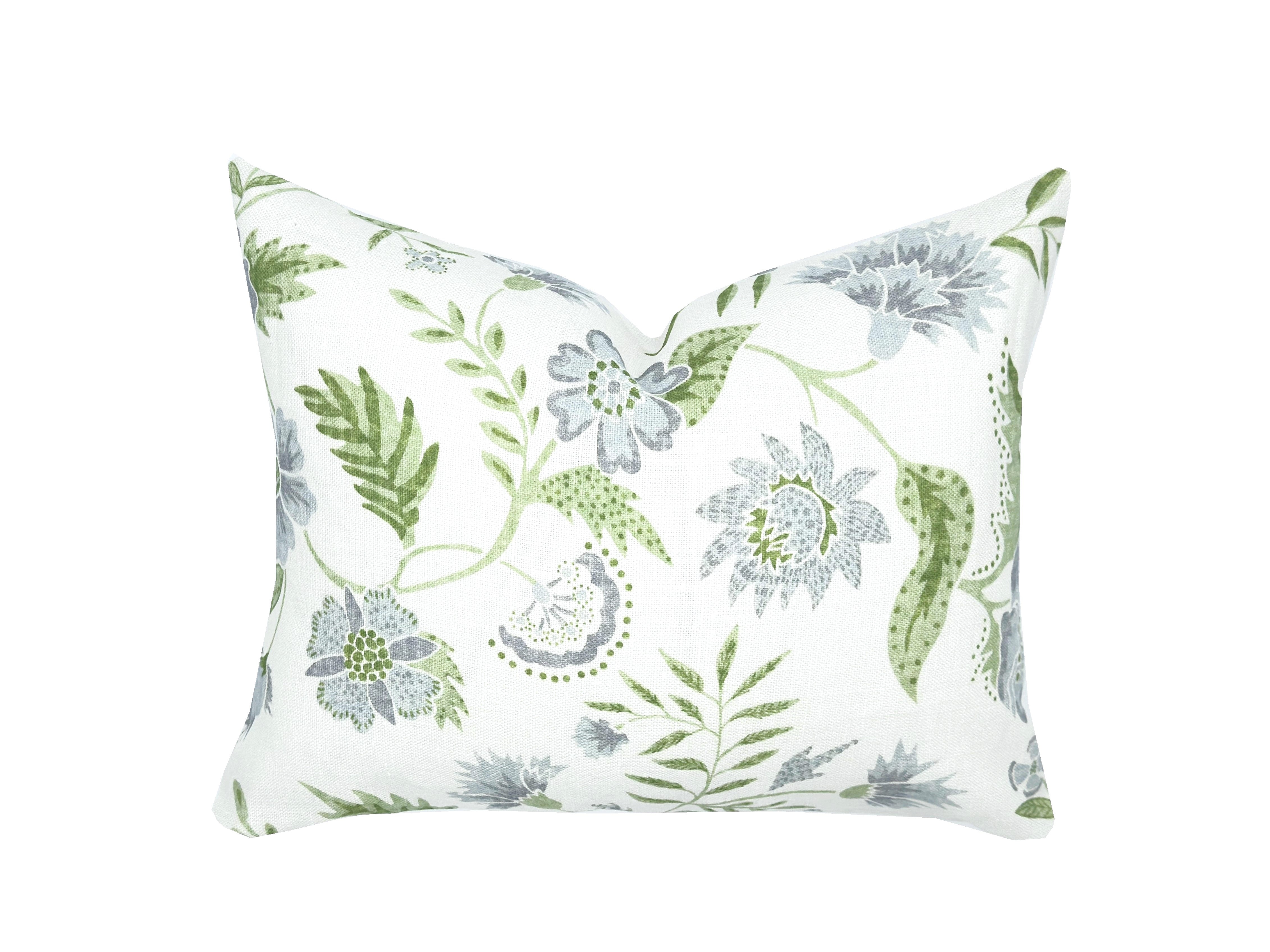 Kathy Vine Blue and Green Linen Pillow Cover | Designer | High End | Soft Sky Blue and Green on Off White Belgian Linen