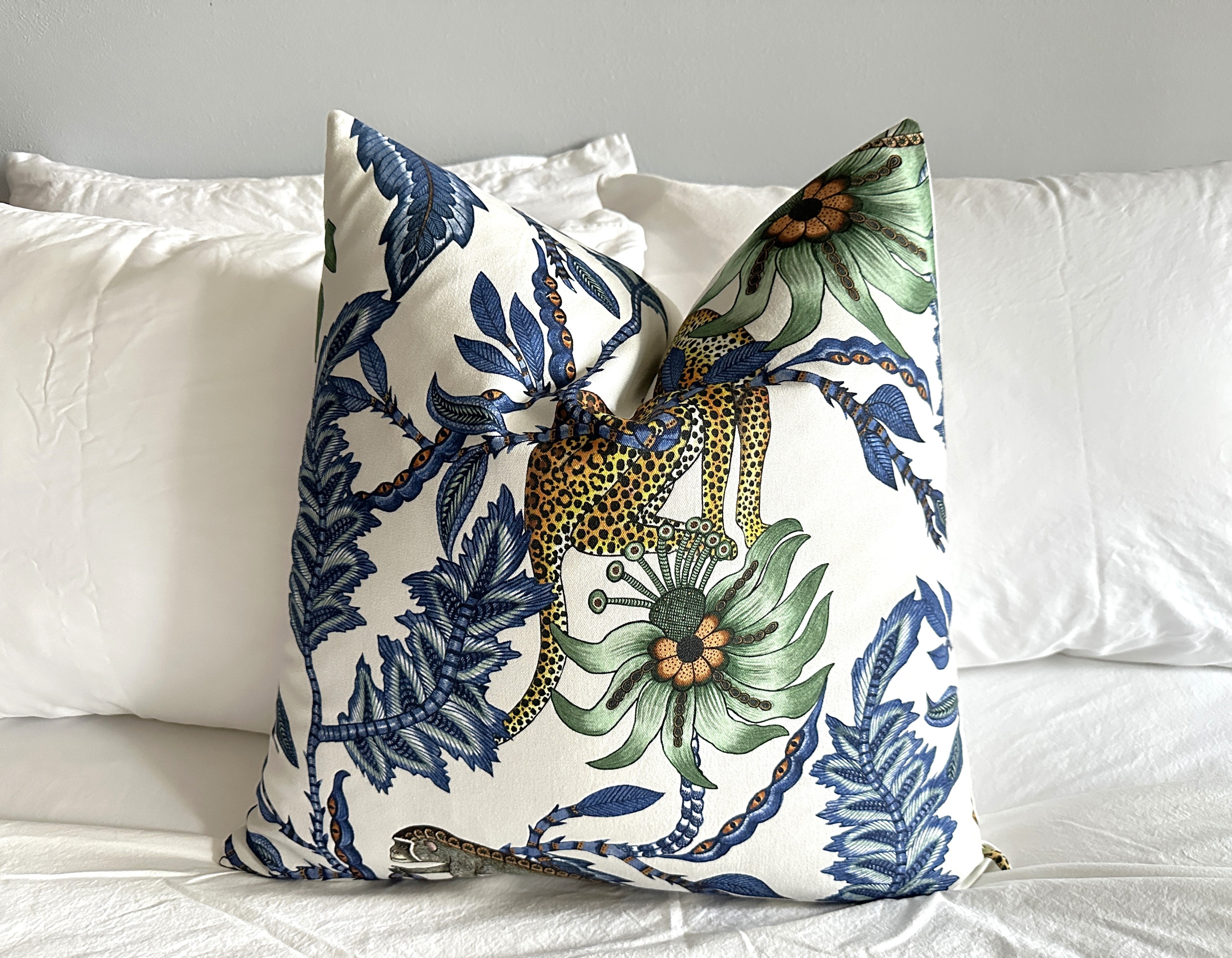 Monkey Bean Pillow Cover | Leopard and Monkey Blue Botanical | High End | Designer