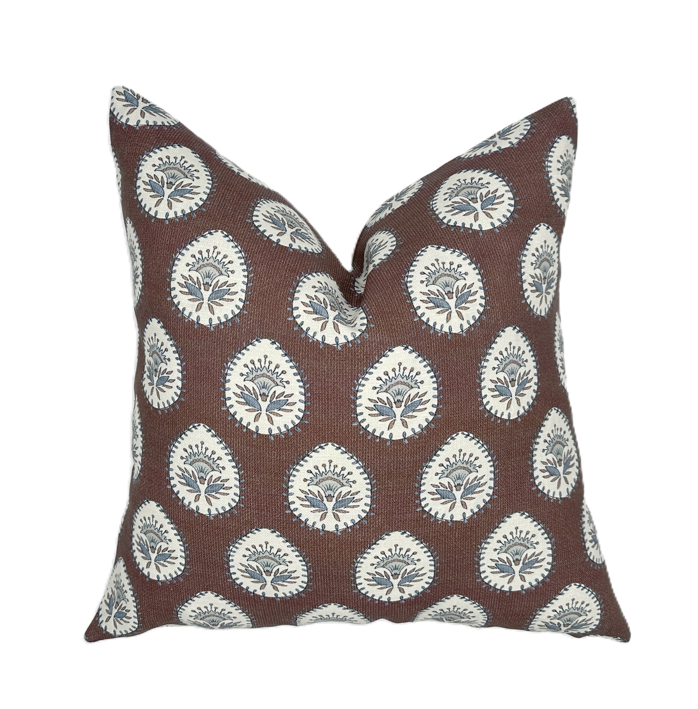 Daphne Brown Linen Pillow Cover | Brown and Blue | Designer