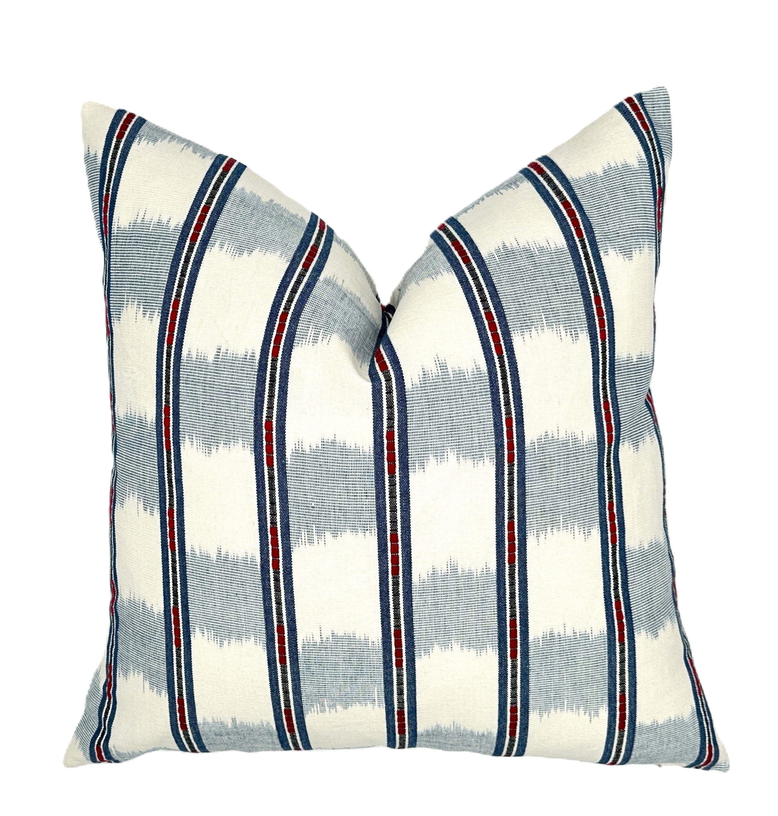 Schumacher Faye Ikat Chambray Pillow Cover | Red White Blue Stripe