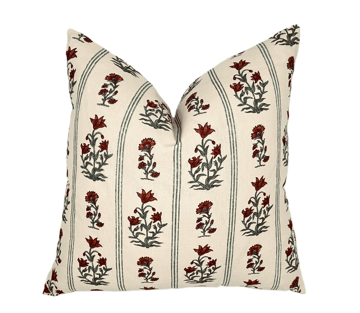 Schumacher Ellora Spice Pillow Cover | Paprika and Teal on light natural