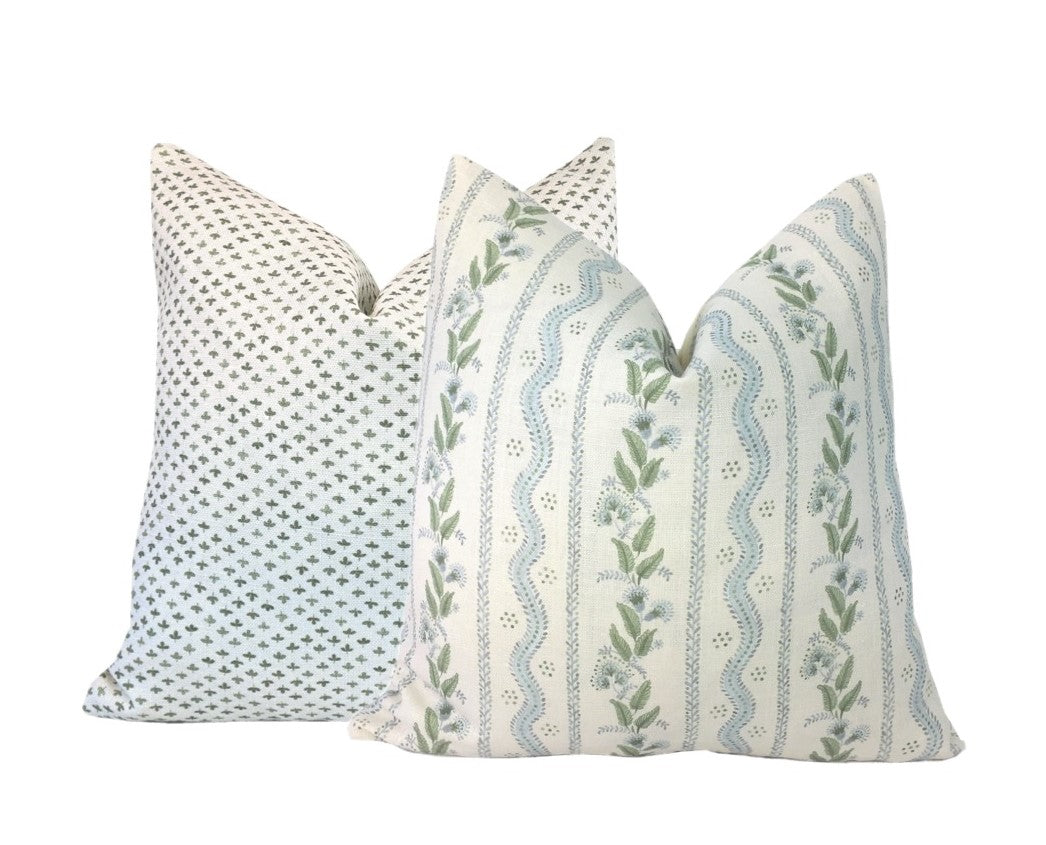 Emma Stripe Pillow Cover | Soft Sky Blue and Green on Off White Linen