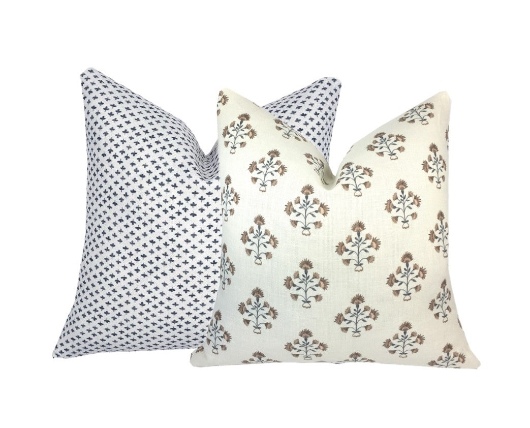 Amy Brown and Indigo Blue Linen Pillow Cover | Floral