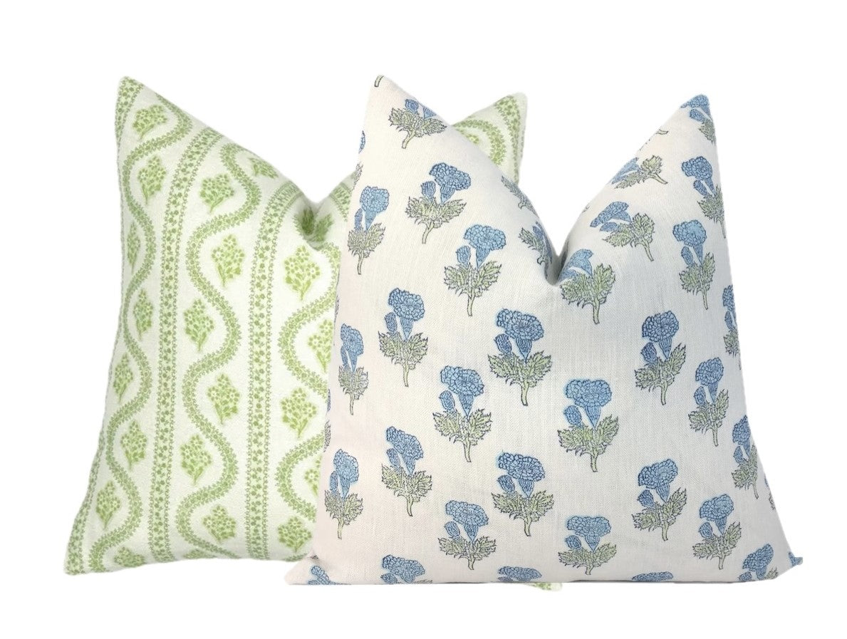 Samali Sky Blue and Green Floral Block Print Pillow Cover | Mughal Flower