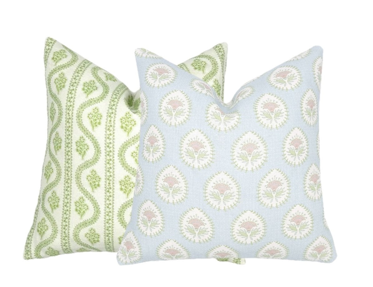 Daphne Blue and Pink Linen Pillow Cover | Blue Pink Green | Designer | High End | 1 or 2 Sided