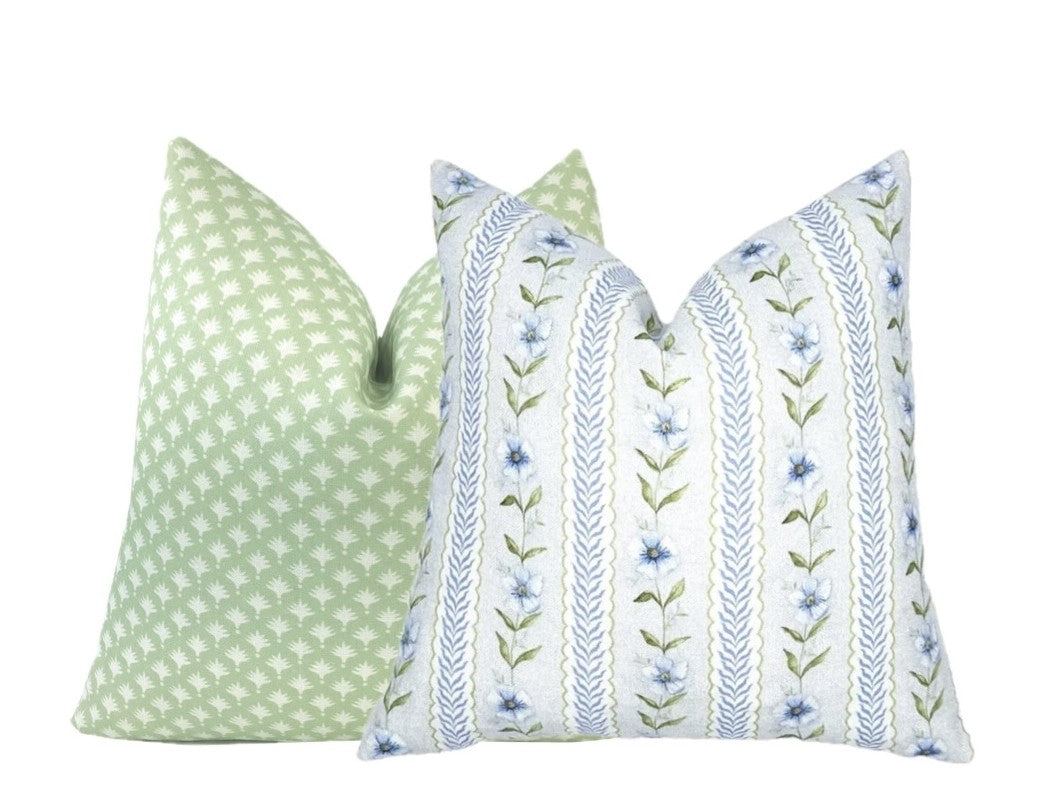 Paige Soft Blue & Green Floral Stripe Linen Pillow Cover