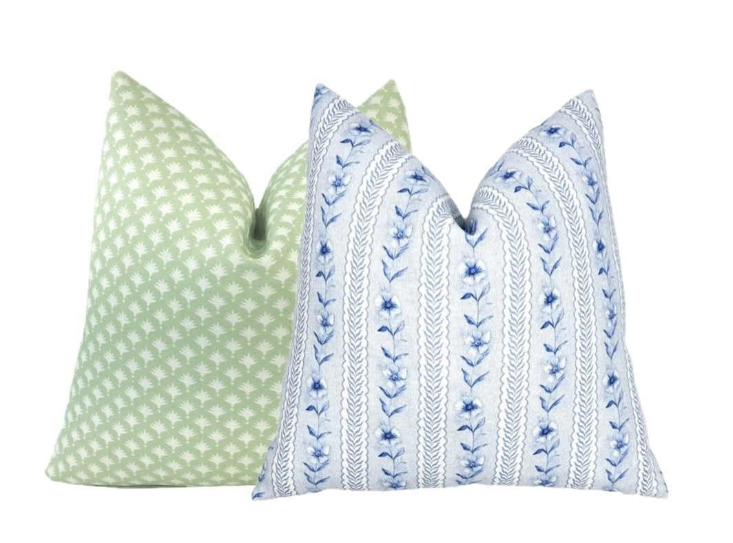 Paige Soft Blue Floral Stripe Linen Pillow Cover | Coastal Blue | 1 or 2 Sided