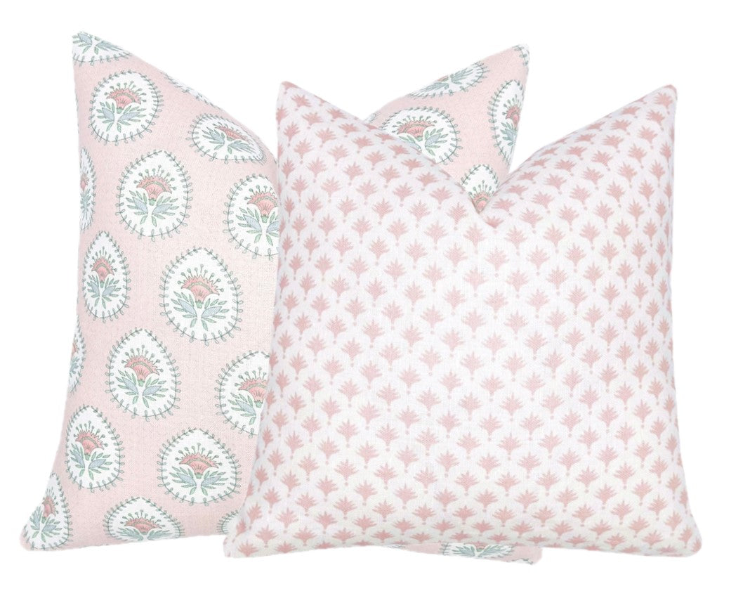 Pink Palm Trees on White Linen Pillow Cover