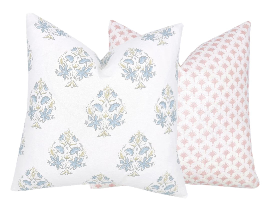 Maddie Blue Floral Block Print Pillow Cover | Same Fabric Both Sides