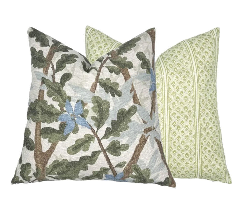 Woodlands Olive Green Botanical Pillow Cover | Large Scale | Linen