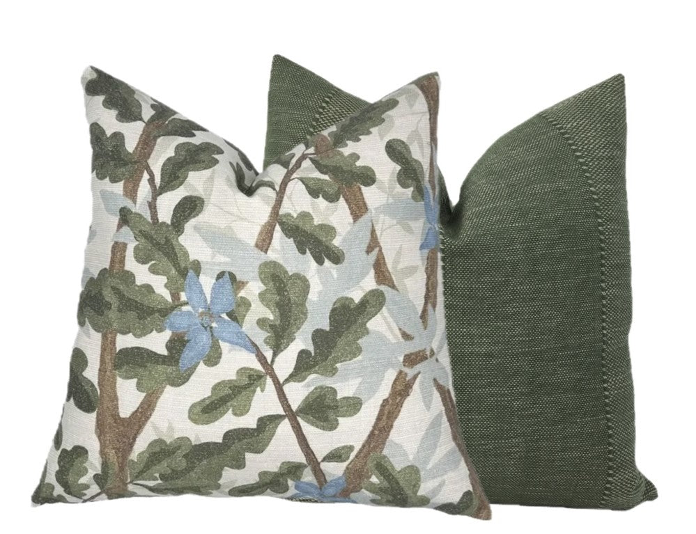 Woodlands Olive Green Botanical Pillow Cover | Large Scale | Linen