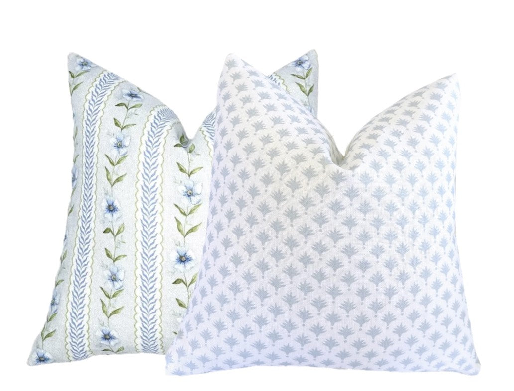 Soft Blue Palm Trees on White Linen Pillow Cover | Light Blue