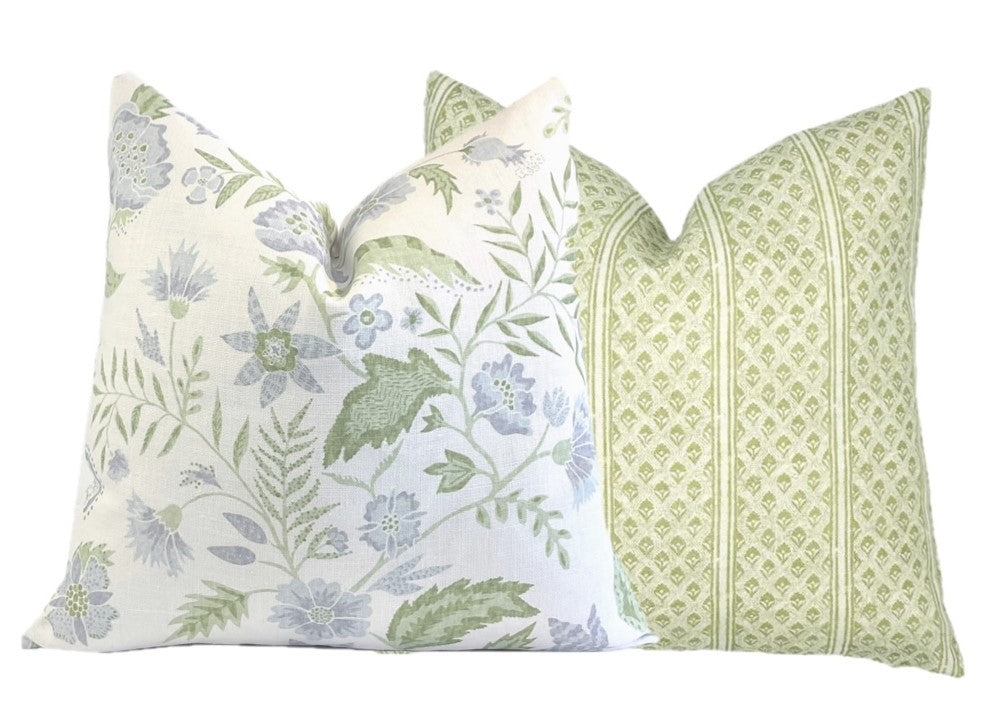 Kathy Vine Blue and Green Linen Pillow Cover | Designer | High End | Soft Sky Blue and Green on Off White Belgian Linen