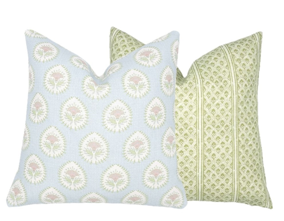 Daphne Blue and Pink Linen Pillow Cover | Blue Pink Green | Designer | High End | 1 or 2 Sided