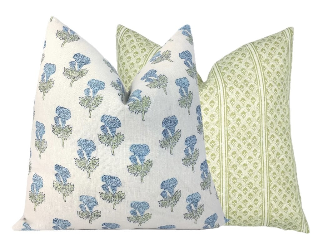 Samali Sky Blue and Green Floral Block Print Pillow Cover | Mughal Flower
