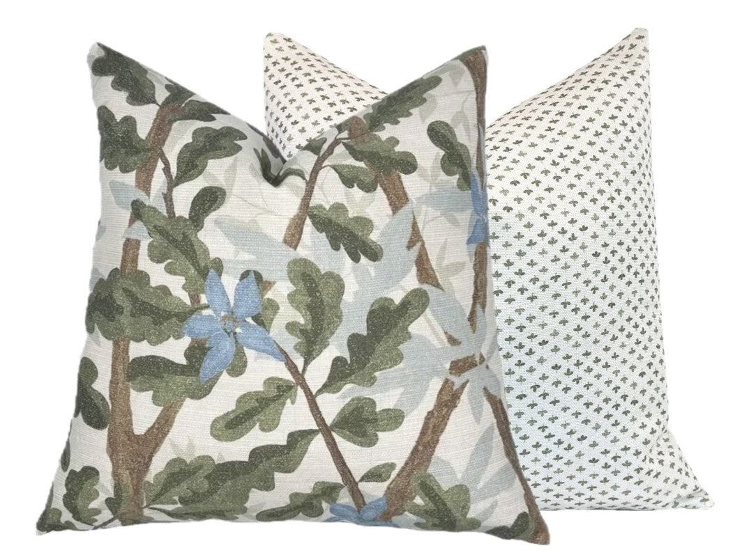 Woodlands Olive Green Botanical Pillow Cover | Large Scale | Linen