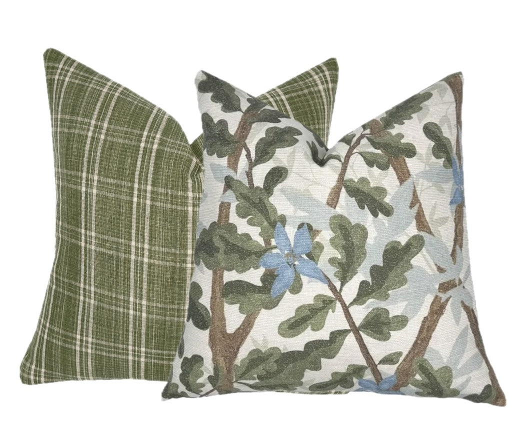Woodlands Olive Green Botanical Pillow Cover | Large Scale | Linen