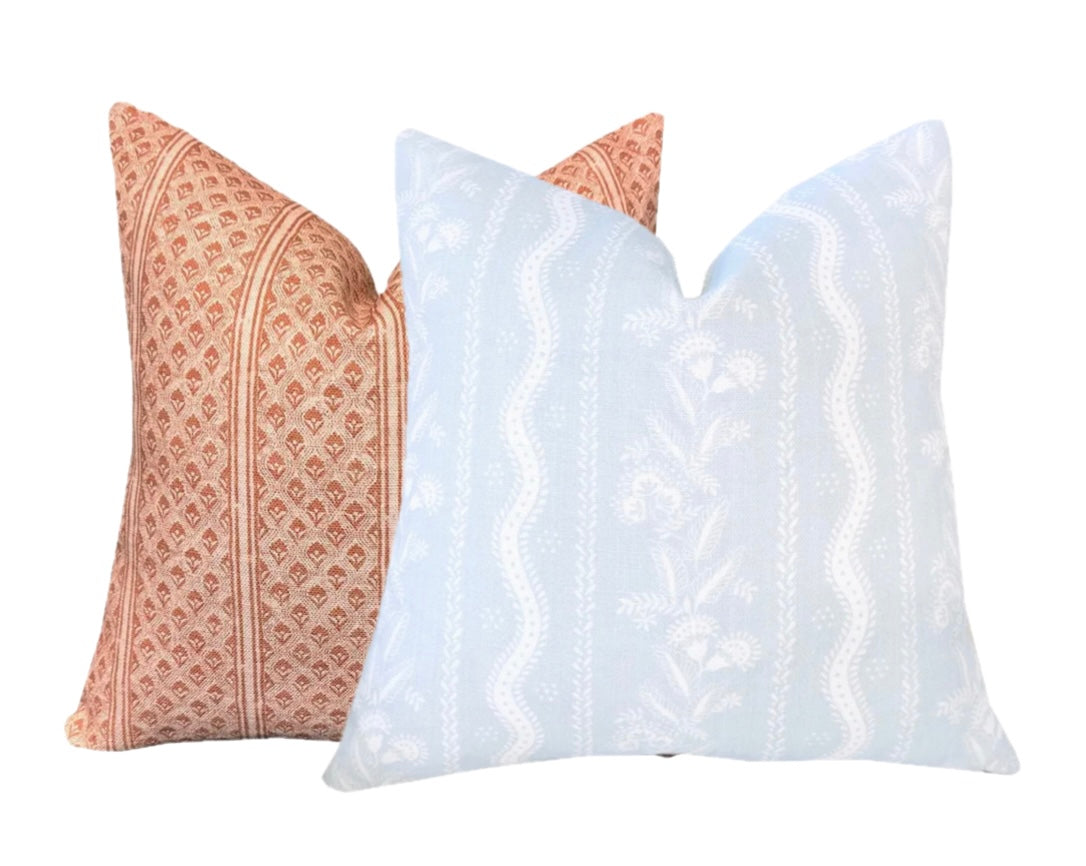 Wendy Soft Blue Floral Stripe Linen Pillow Cover | Designer | High End | Blue and Ivory