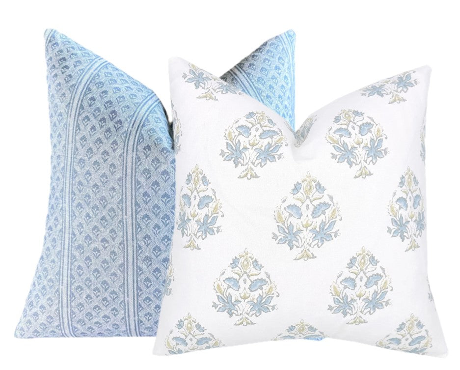 Maddie Blue Floral Block Print Pillow Cover | Same Fabric Both Sides