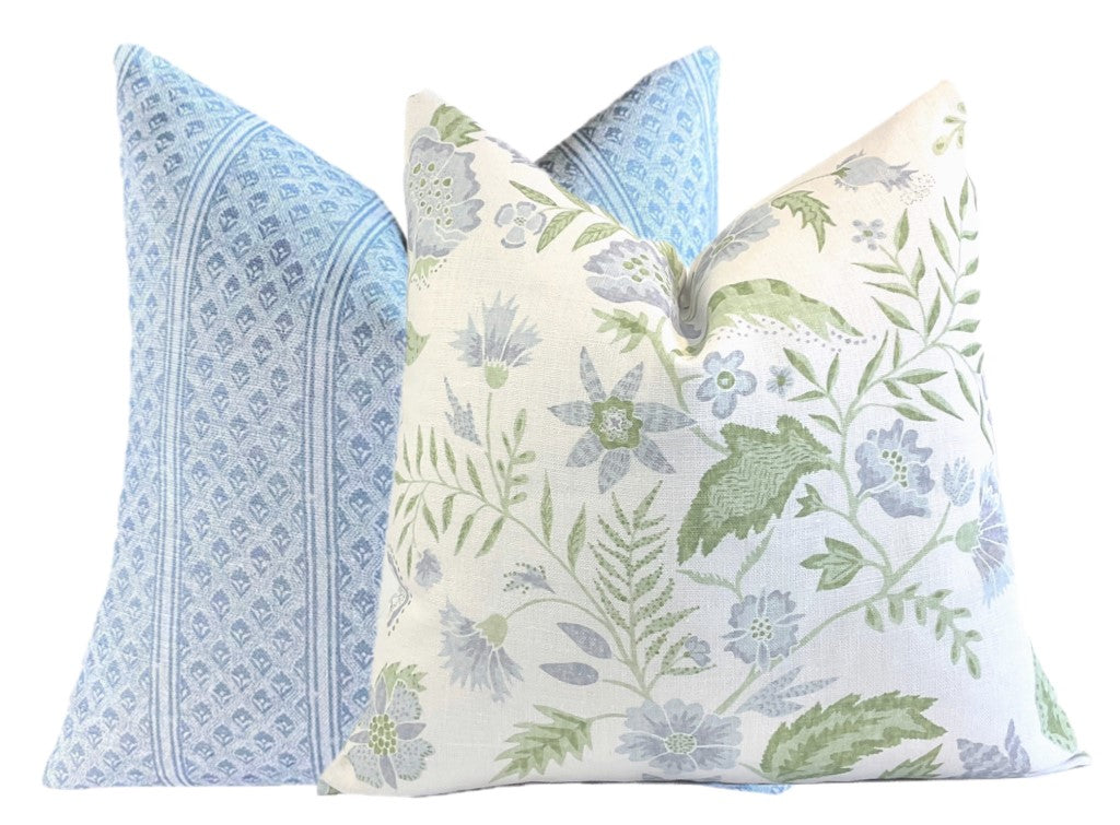 Kathy Vine Blue and Green Linen Pillow Cover | Designer | High End | Soft Sky Blue and Green on Off White Belgian Linen