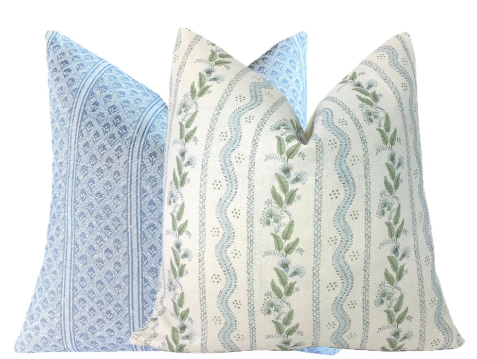 Emma Stripe Pillow Cover | Soft Sky Blue and Green on Off White Linen
