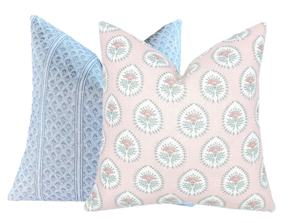 Daphne Pink Linen Pillow Cover | Soft Pink and Blue | Designer | High End | 1 or 2 Sided