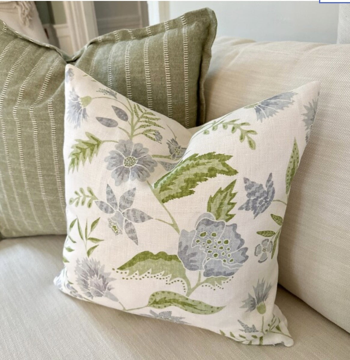Kathy Vine Blue and Green Linen Pillow Cover | Designer | High End | Soft Sky Blue and Green on Off White Belgian Linen