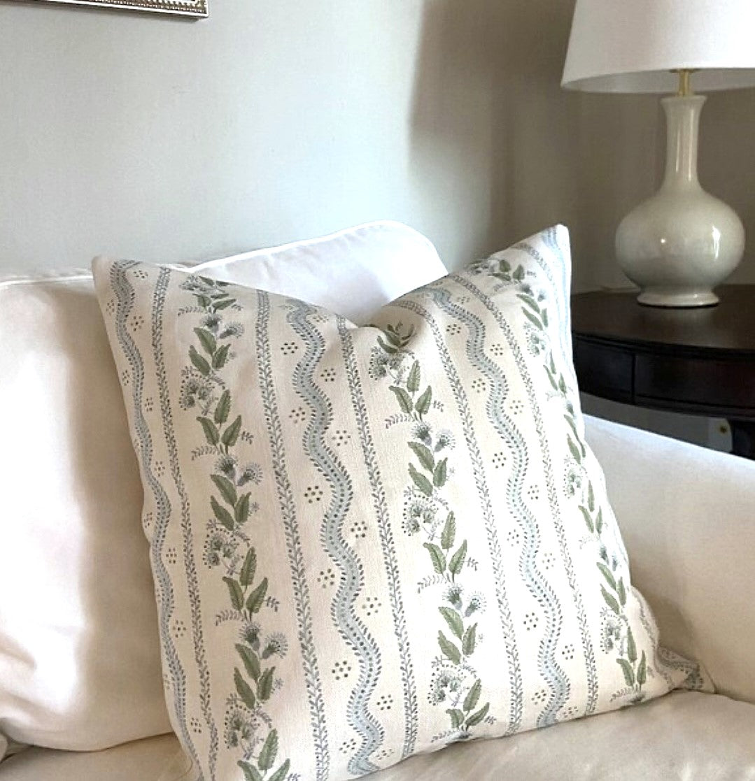 Emma Stripe Pillow Cover | Soft Sky Blue and Green on Off White Linen