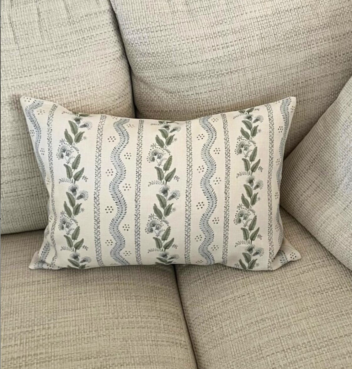 Emma Stripe Pillow Cover | Soft Sky Blue and Green on Off White Linen