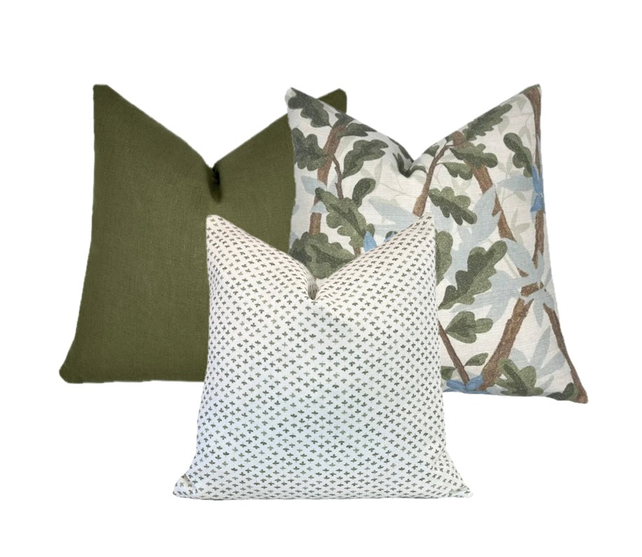 Woodlands Olive Green Botanical Pillow Cover | Large Scale | Linen