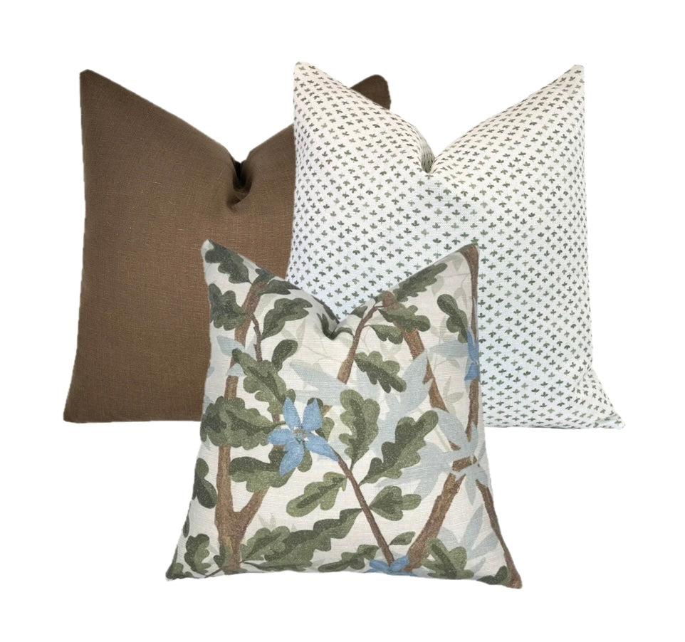 Woodlands Olive Green Botanical Pillow Cover | Large Scale | Linen