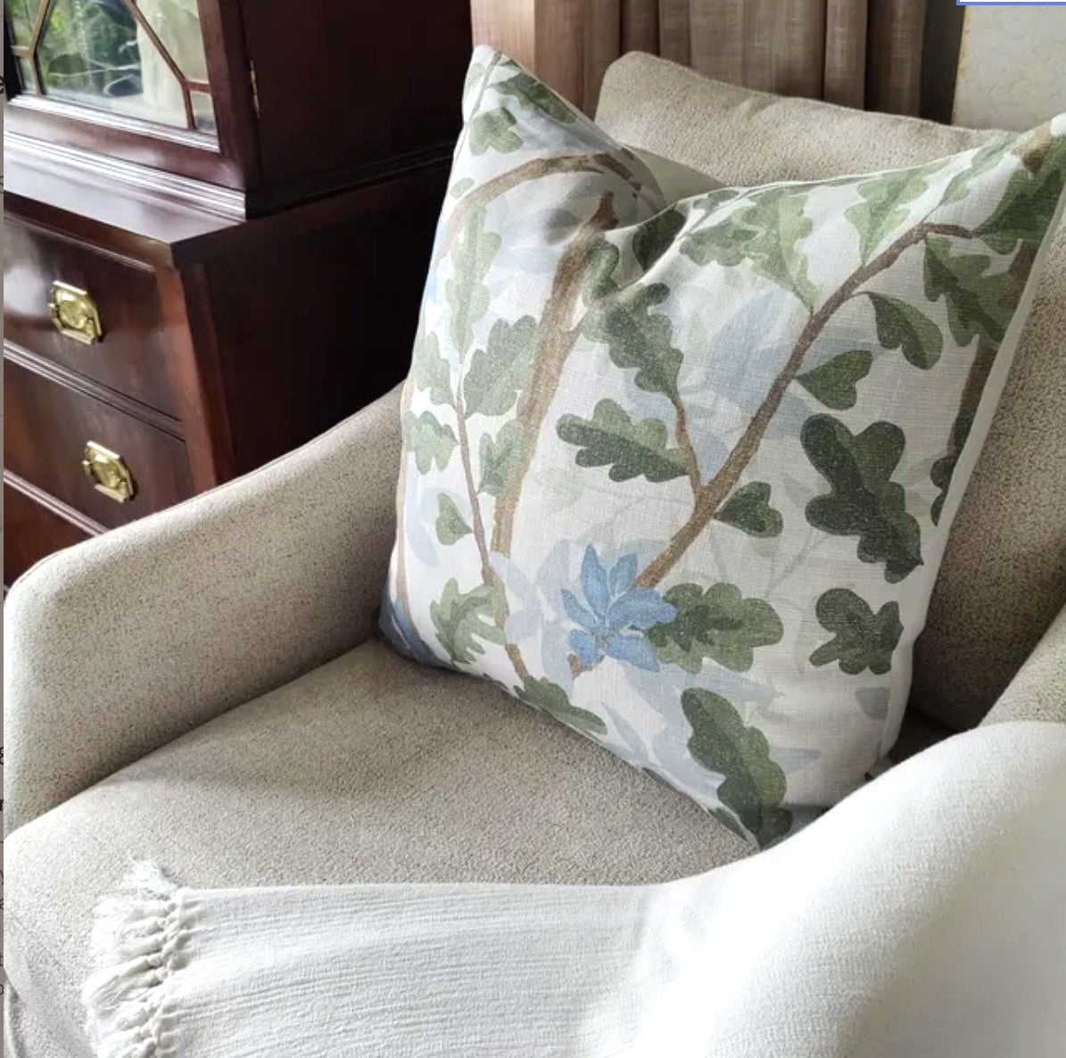 Woodlands Olive Green Botanical Pillow Cover | Large Scale | Linen