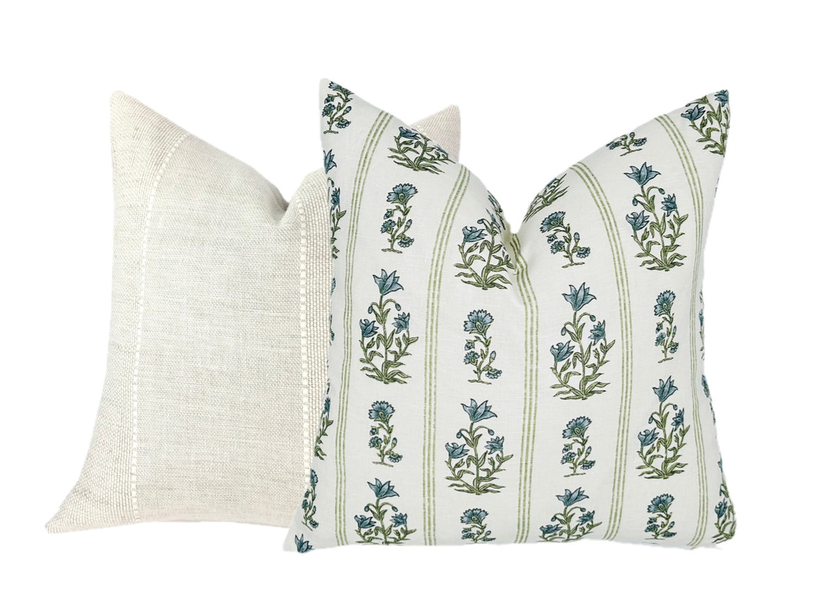 Schumacher Ellora Leaf Pillow Cover | Blue and Green Floral Stripe
