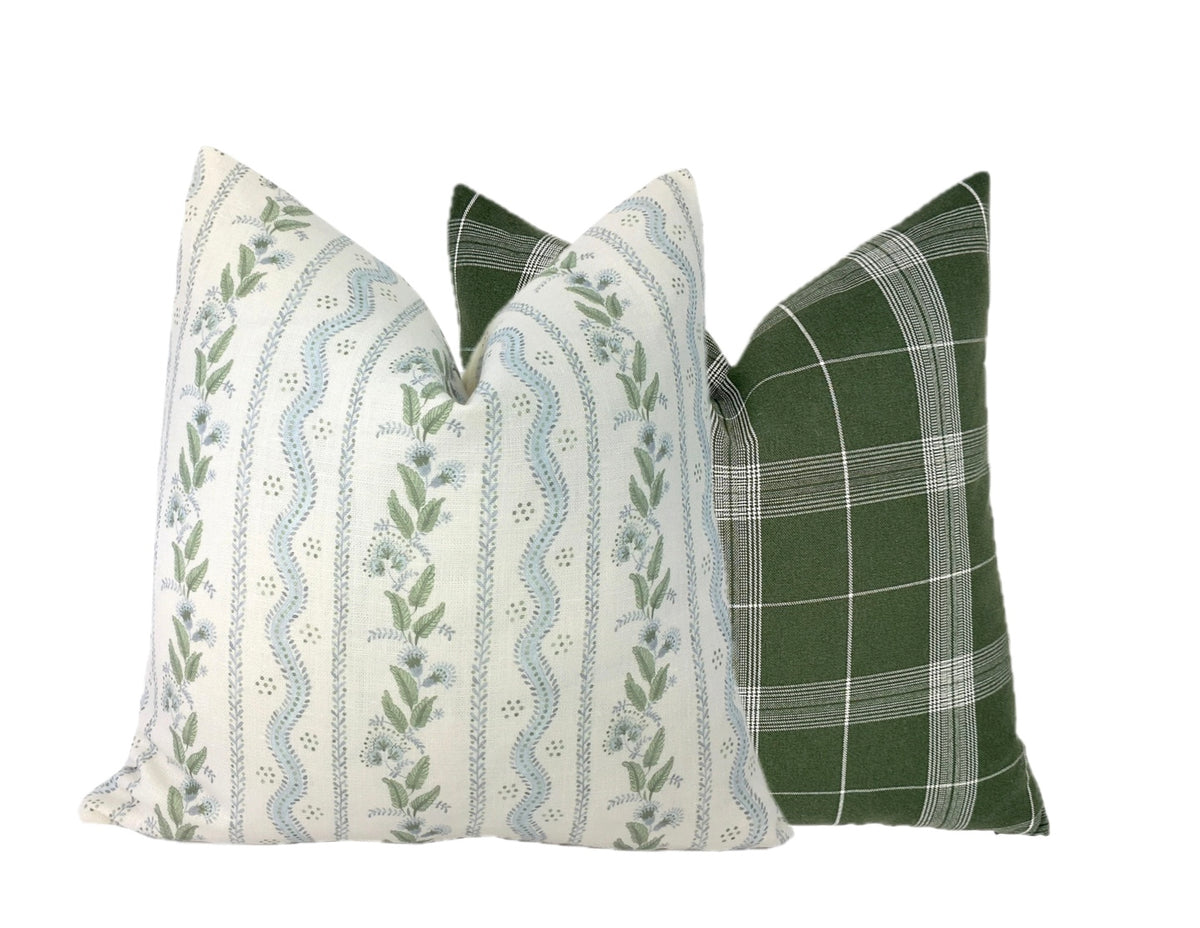 Emma Stripe Pillow Cover | Soft Sky Blue and Green on Off White Linen