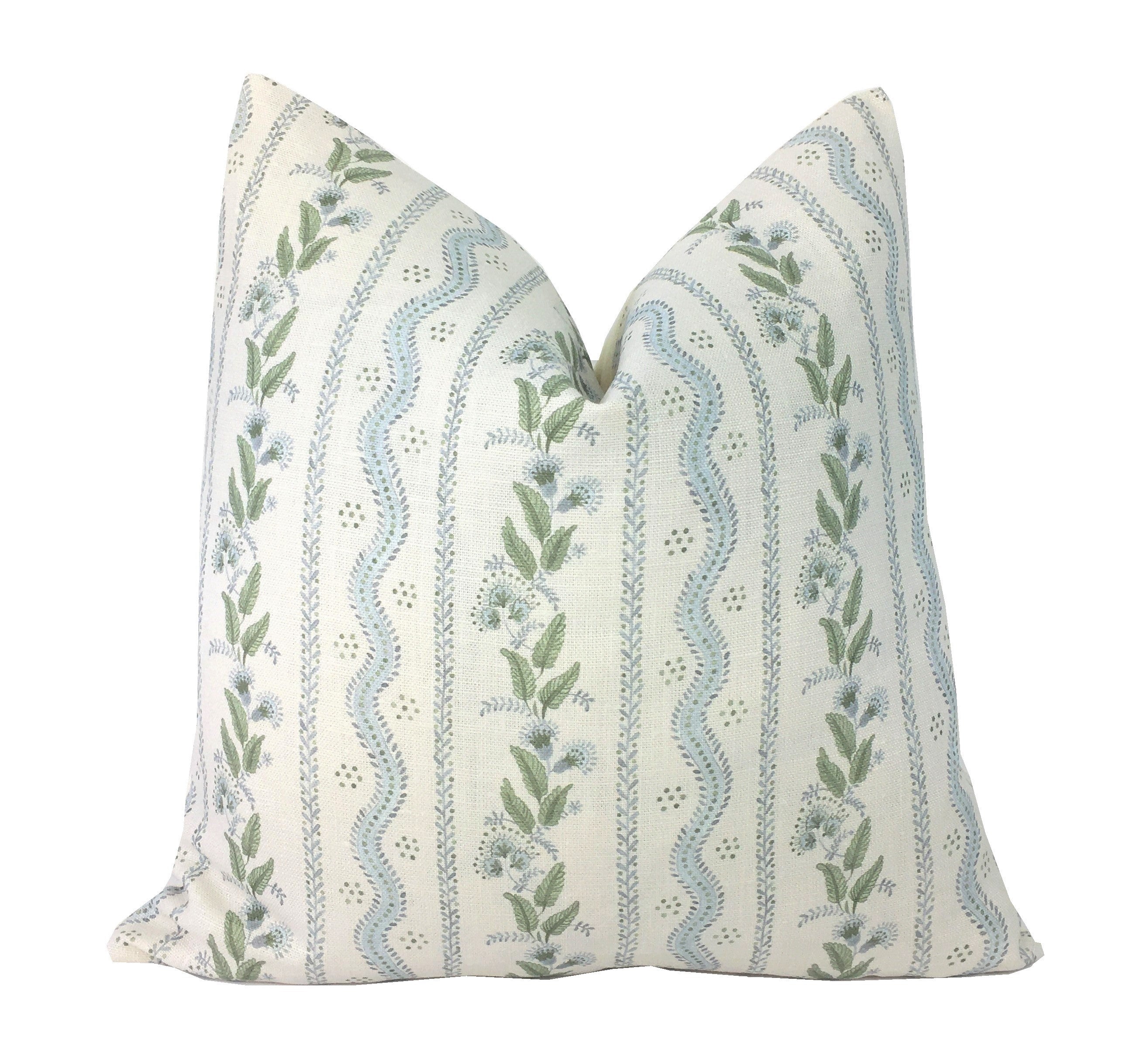 Emma Stripe Pillow Cover | Soft Sky Blue and Green on Off White Linen