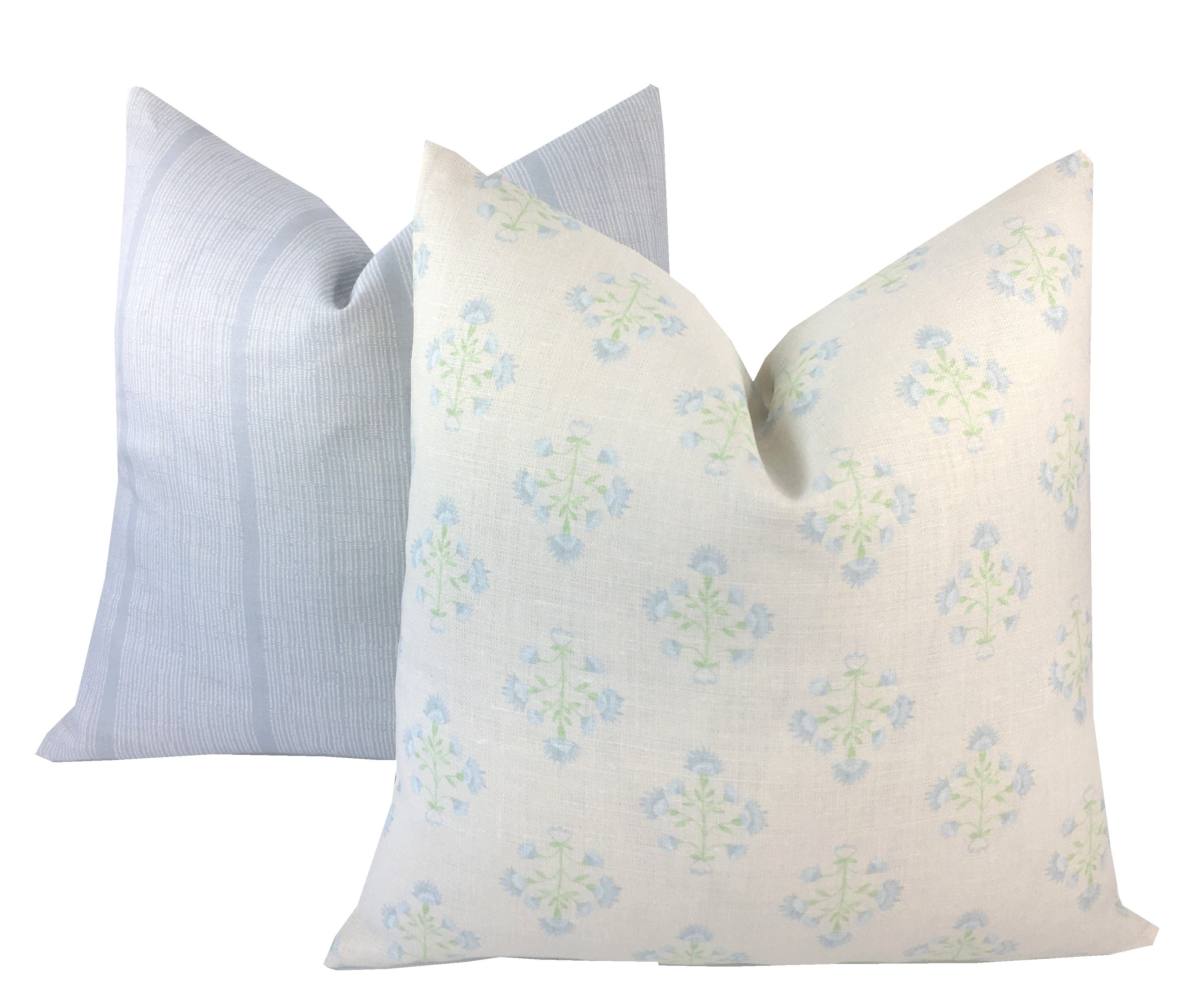 Amy Soft Blue and Green Linen Pillow Cover | Floral | Neutral