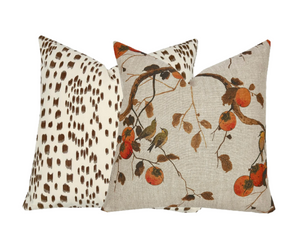 Persimmon Birds Pillow Cover | Brown & Persimmon Tones Botanical