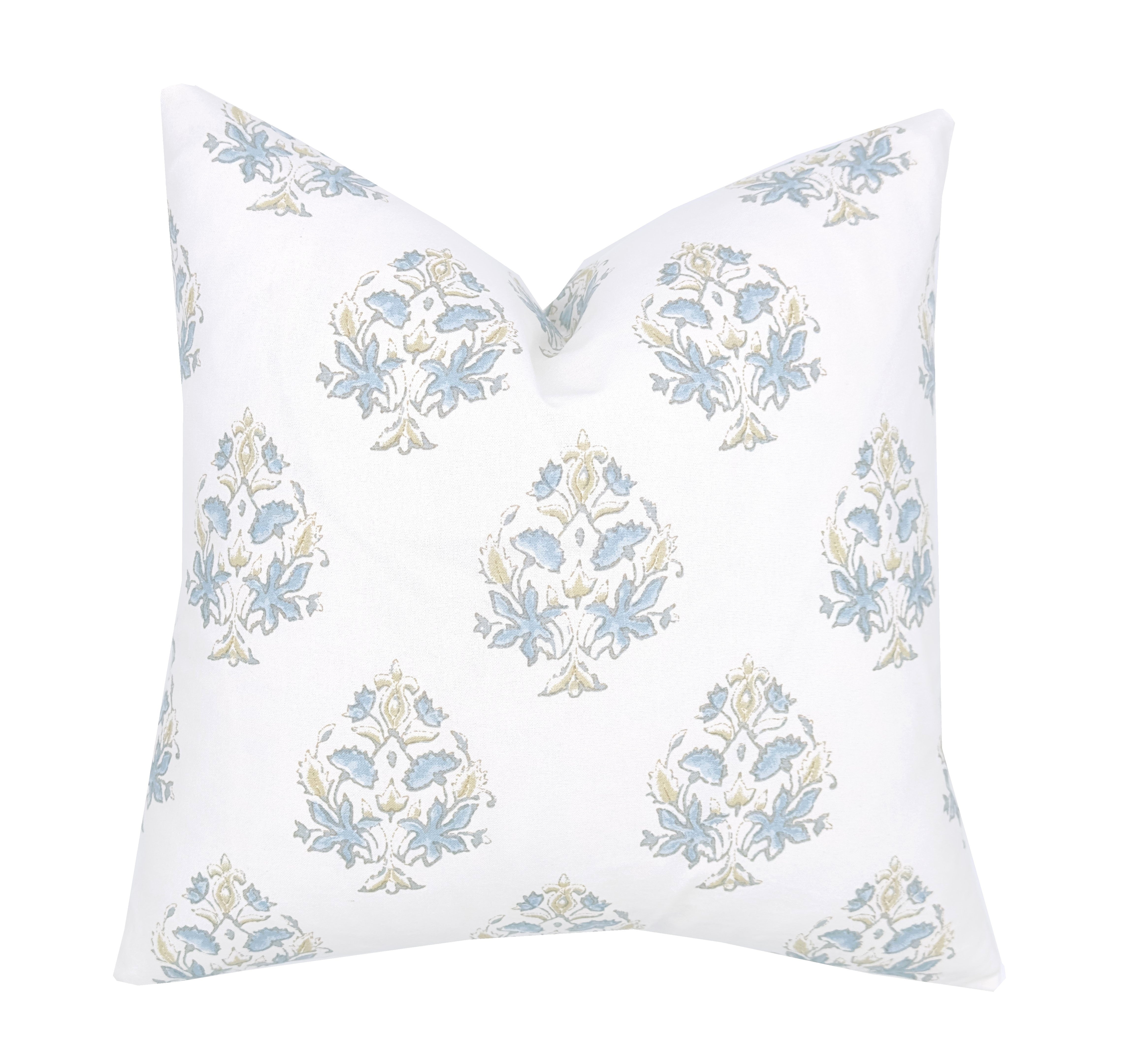 Maddie Blue Floral Block Print Pillow Cover | Same Fabric Both Sides