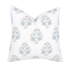 Maddie Blue Floral Block Print Pillow Cover | Same Fabric Both Sides