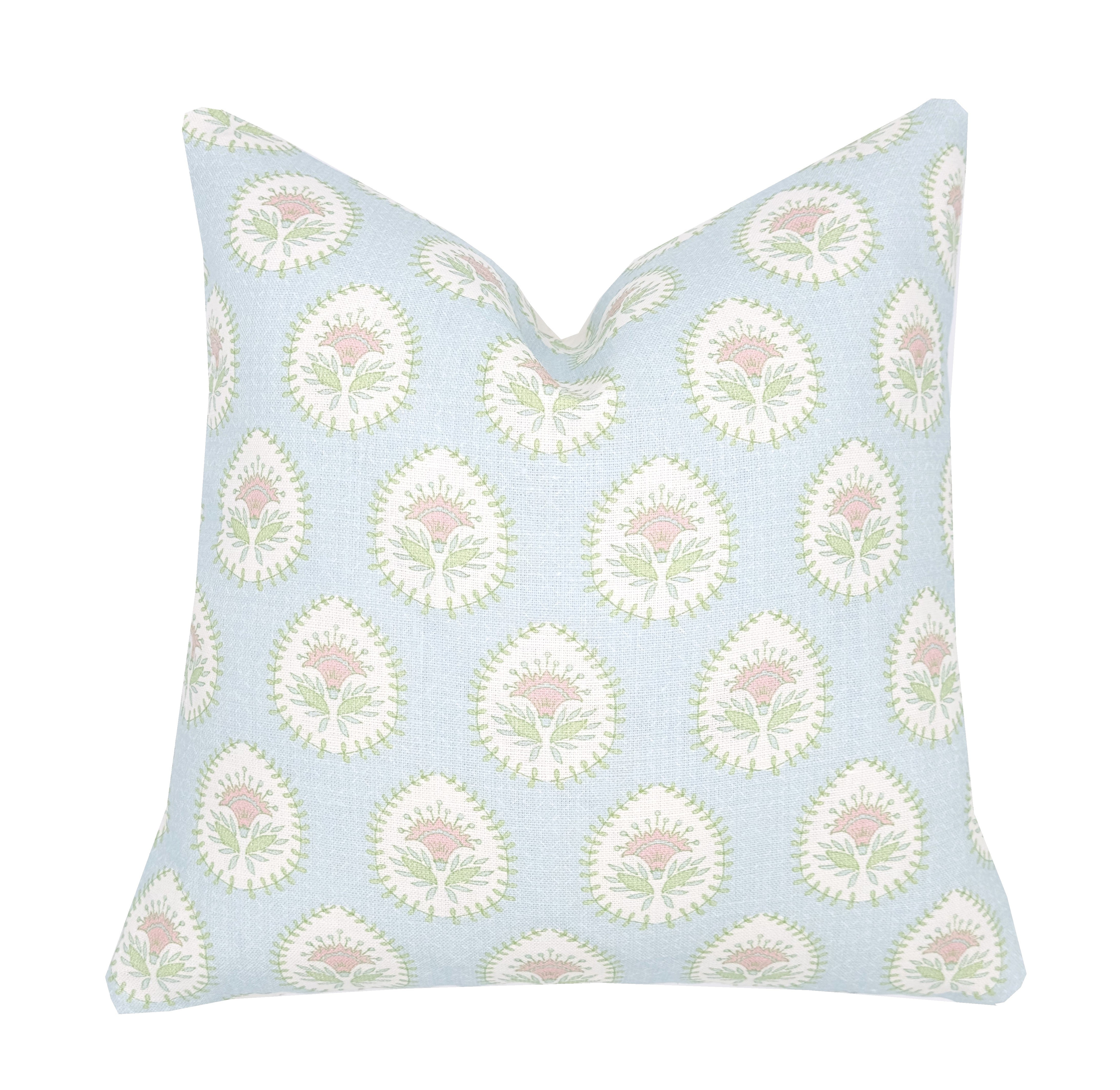 Daphne Blue and Pink Linen Pillow Cover | Blue Pink Green | Designer | High End | 1 or 2 Sided