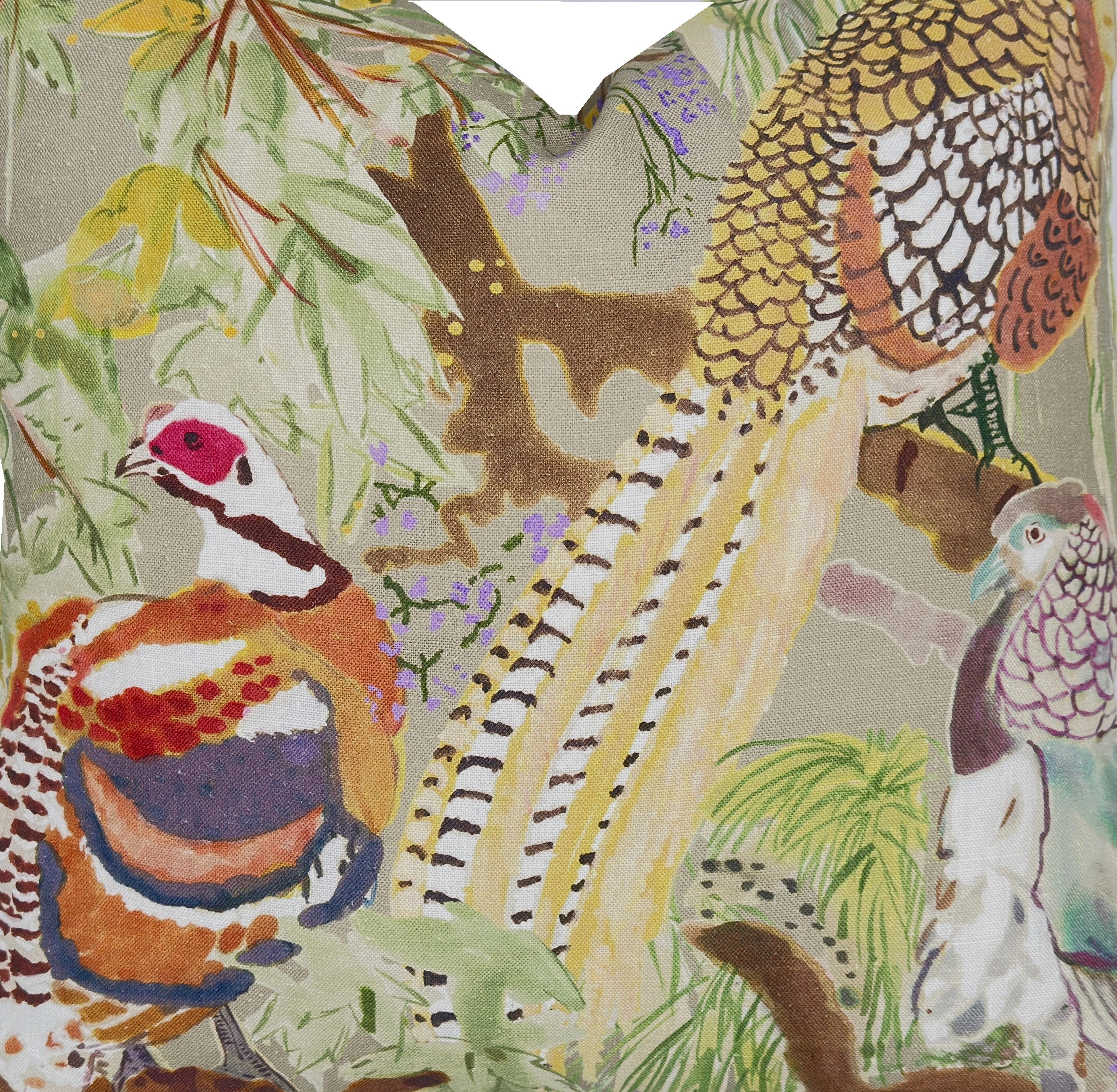 BACKORDER - Designer Game Birds Pillow Cover | Lee Jofa | Stone Green Multi Color Pheasant Print
