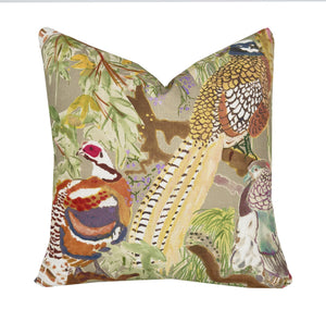 Designer Game Birds Pillow Cover | Lee Jofa | Stone Green Multi Color Pheasant Print