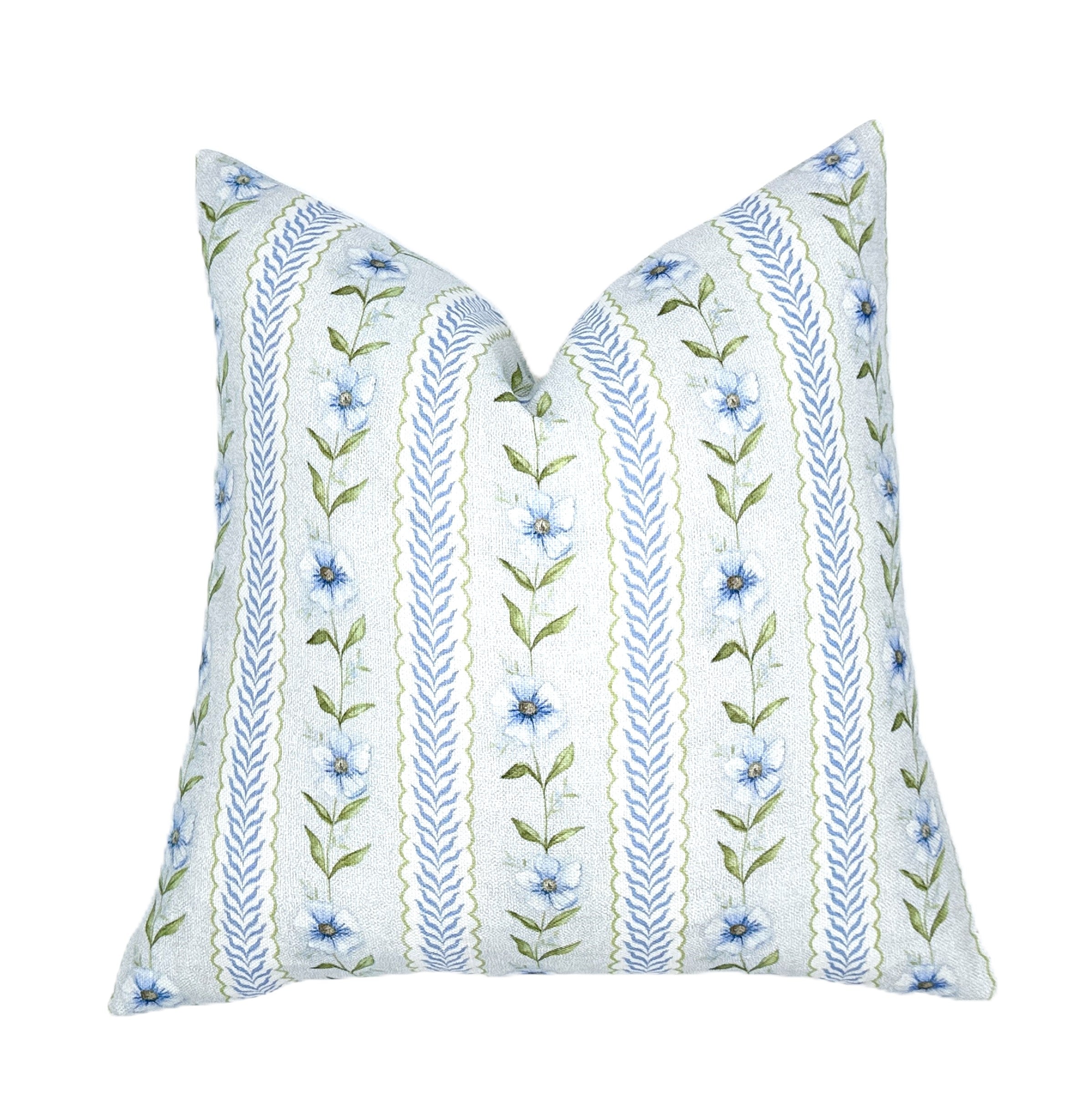Paige Soft Blue & Green Floral Stripe Linen Pillow Cover