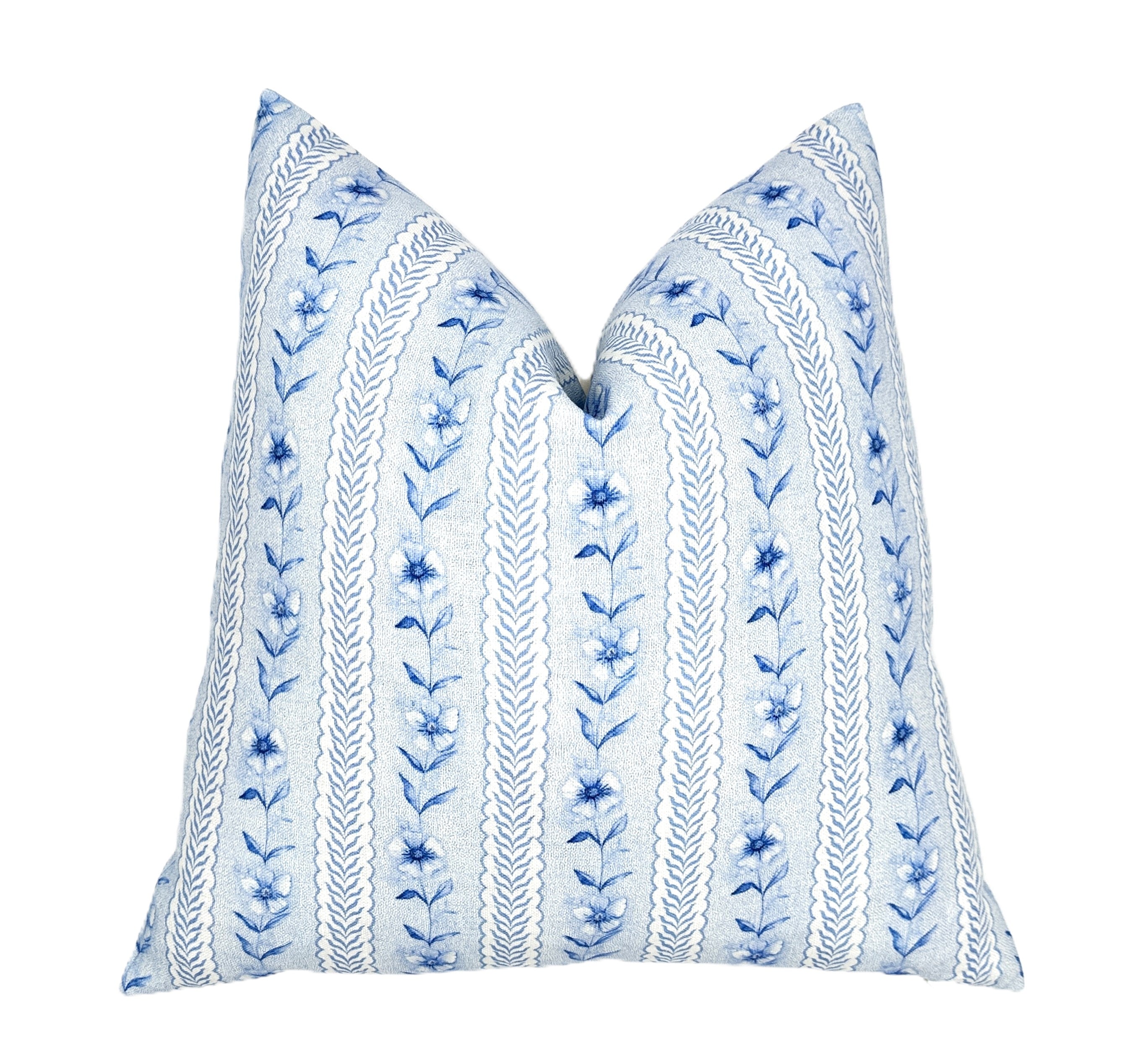 Paige Soft Blue Floral Stripe Linen Pillow Cover | Coastal Blue | 1 or 2 Sided