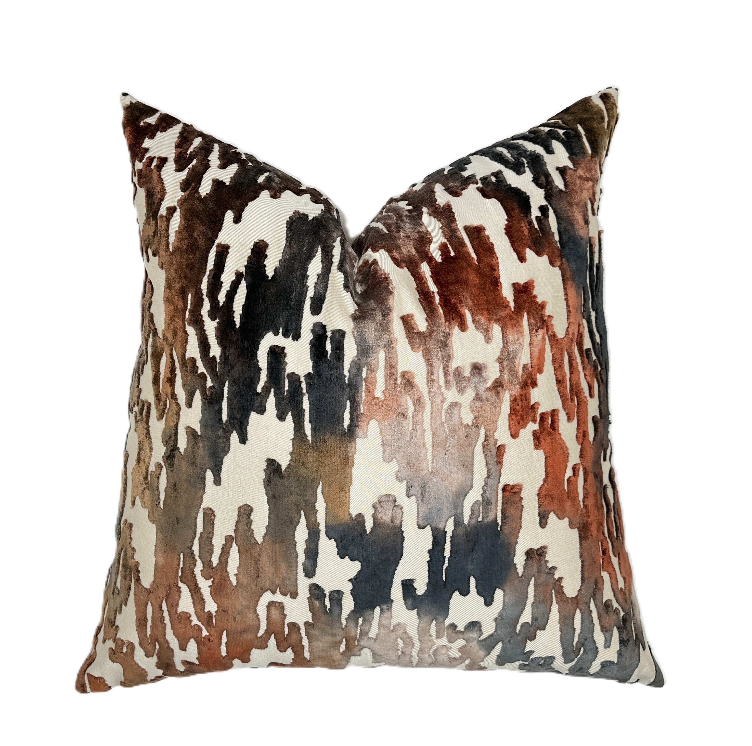 Mirage Indigo Rust Cut Velvet Pillow Cover | Designer | Warm Earth Tones | High End