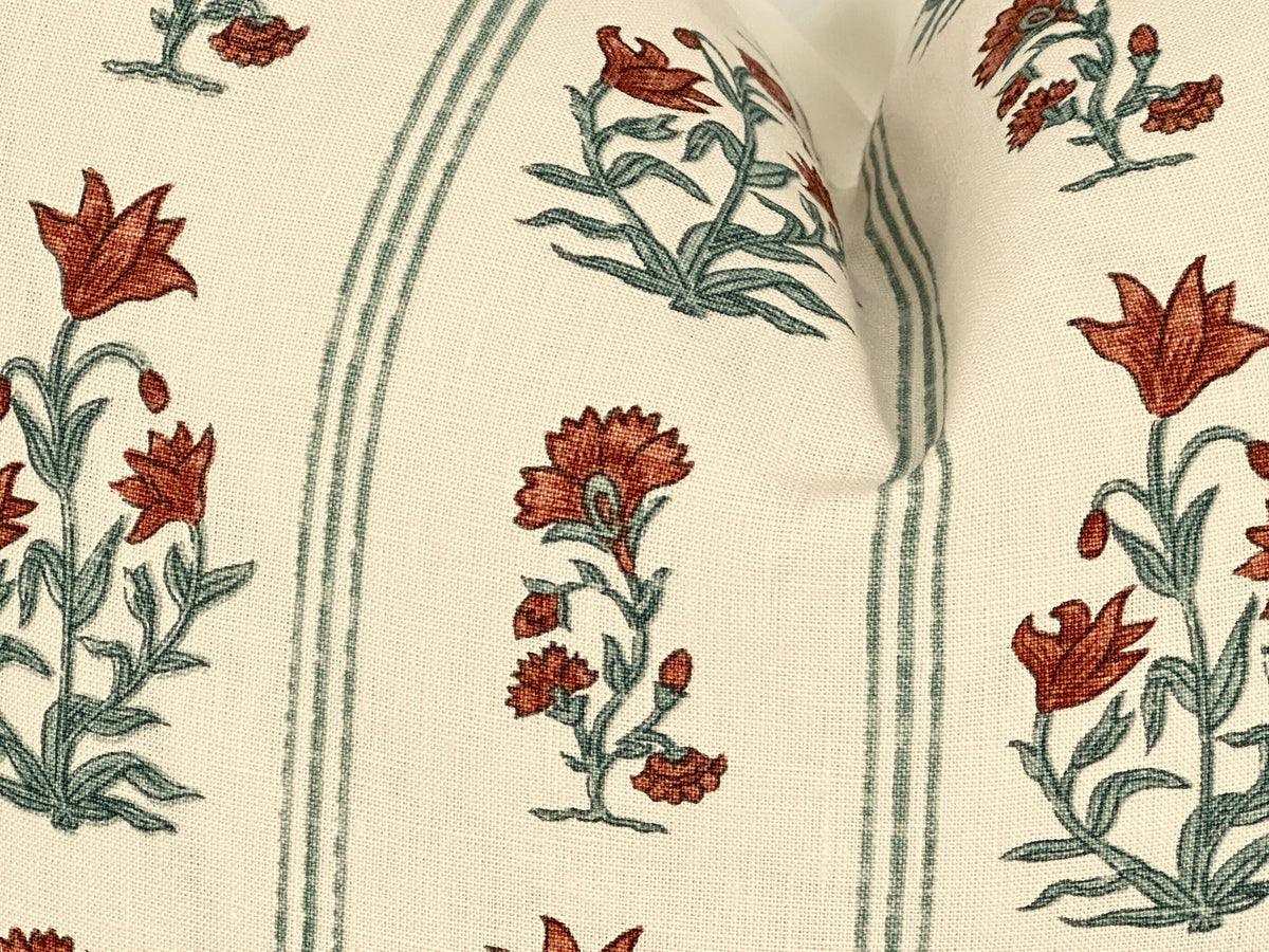 Schumacher Ellora Spice Pillow Cover | Paprika and Teal on light natural