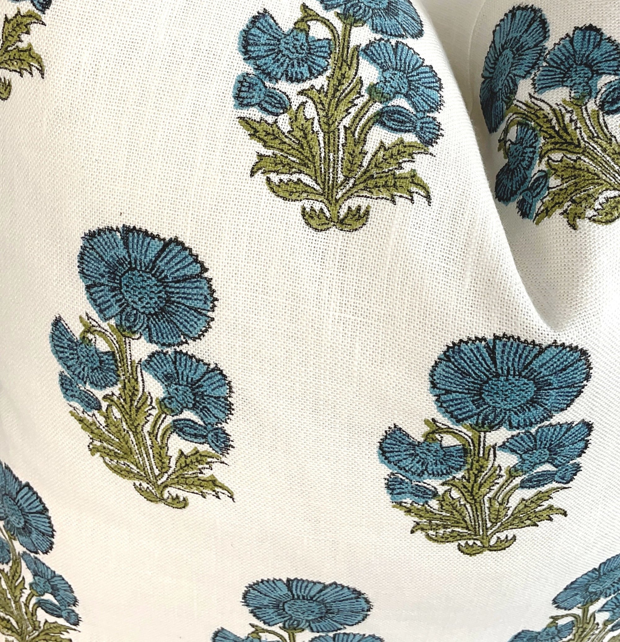 Talia Blue and Green Floral Block Print Pillow Cover | Lumbar Sizes Only
