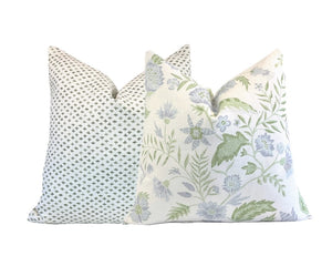 Kathy Vine Blue and Green Linen Pillow Cover | Designer | High End | Soft Sky Blue and Green on Off White Belgian Linen