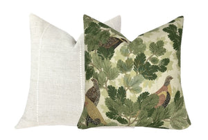 Schumacher Covey Hedge Olive Green Pillow Cover | Deep Green Tones on Soft Green Linen